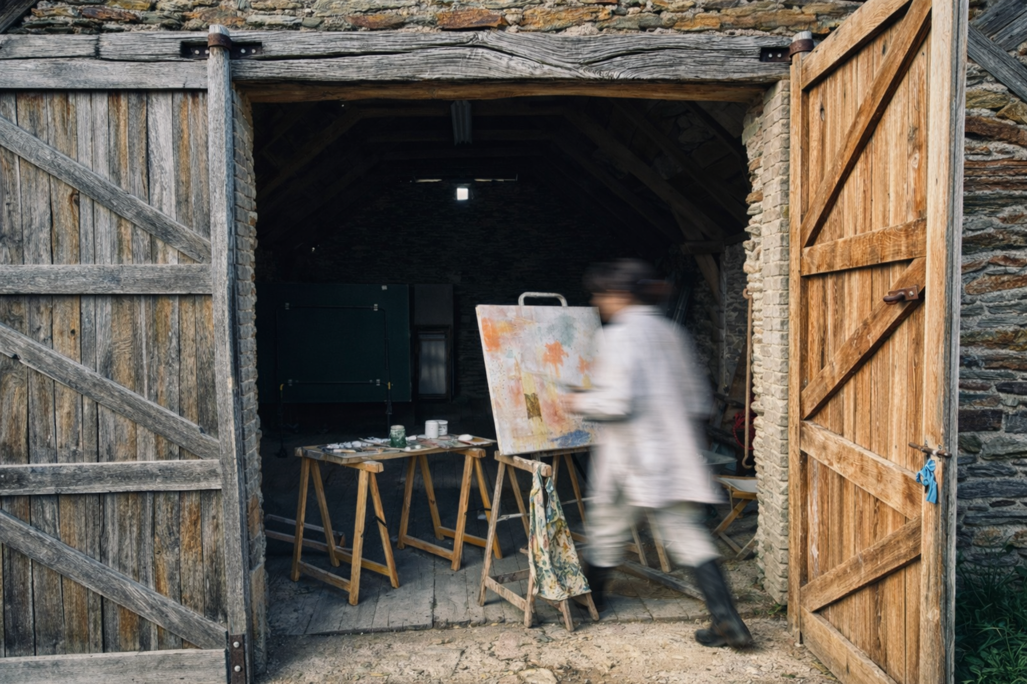 Sophie Beale working in her barn studio